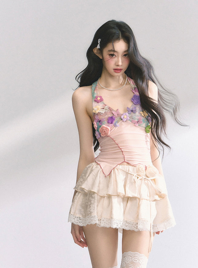 Sheer Floral Appliqué Halter Top
