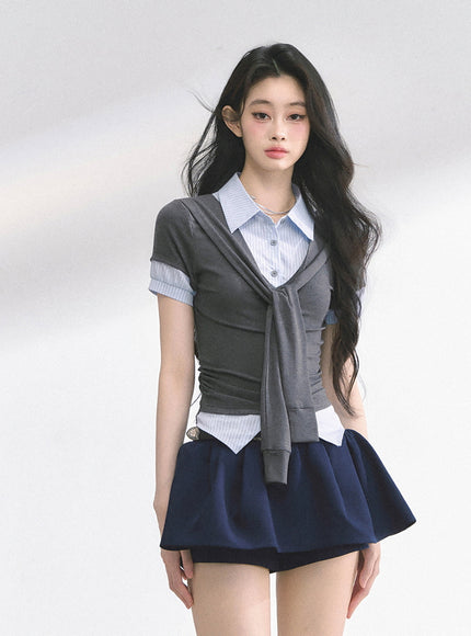 Layered Knit Tie Shirt - Gray