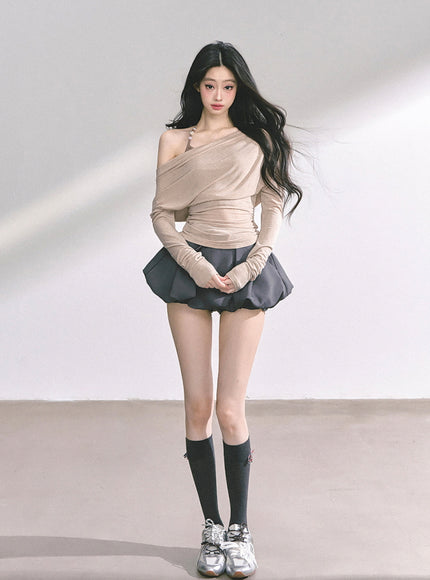 Minimal Drape Long Sleeve Top - Kahki