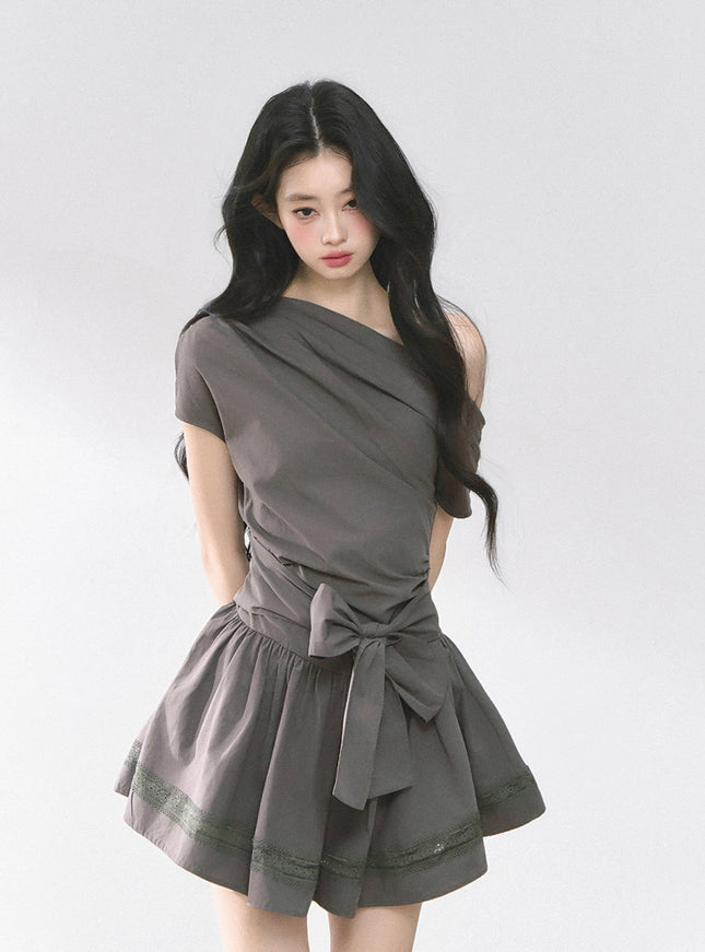 Graceful Ribbon Waist Dress - Gray