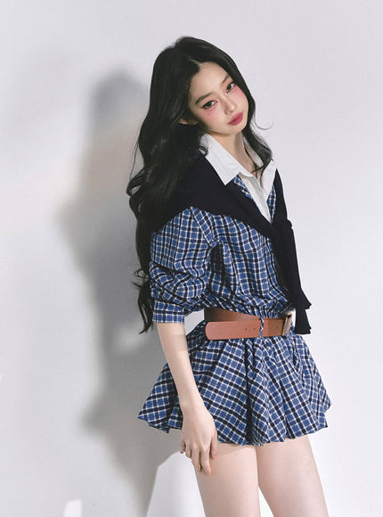 Urban Contrast Mini Dress Shawl Set - Blue