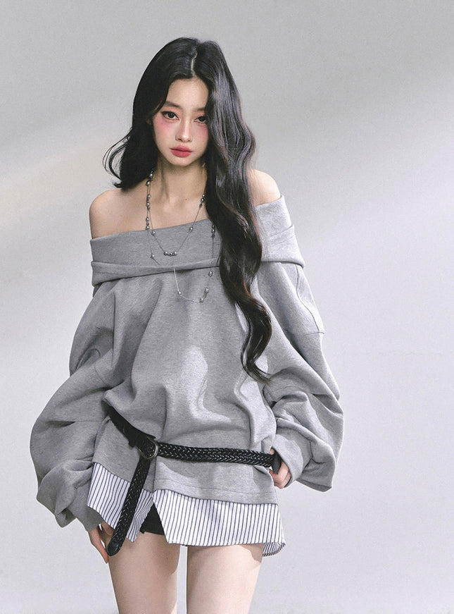 Off-Shoulder Gray Belt Sweatshirt