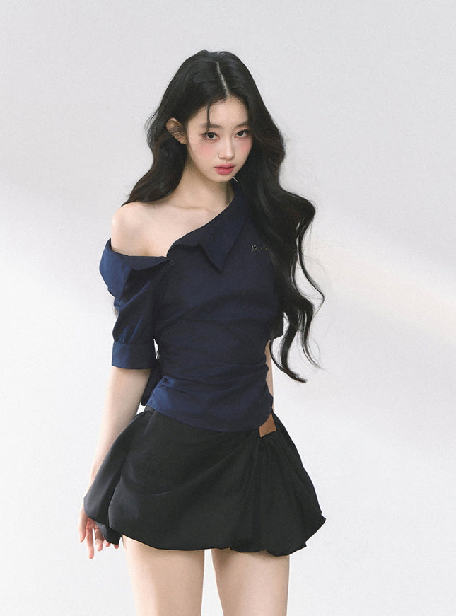Off-Shoulder Shirt Blouse - Navy