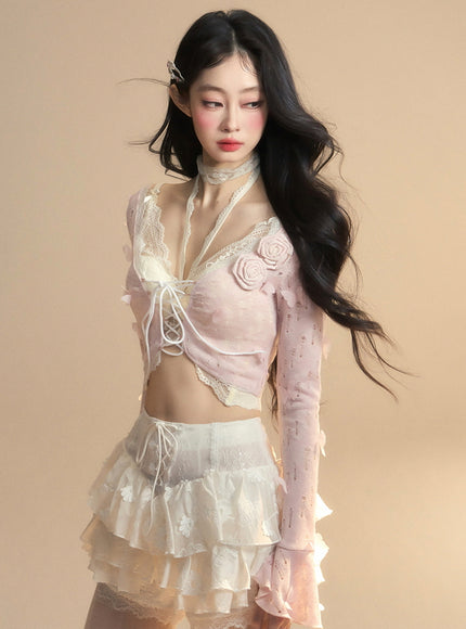 Romantic Lace-Up Sheer Top - Pink