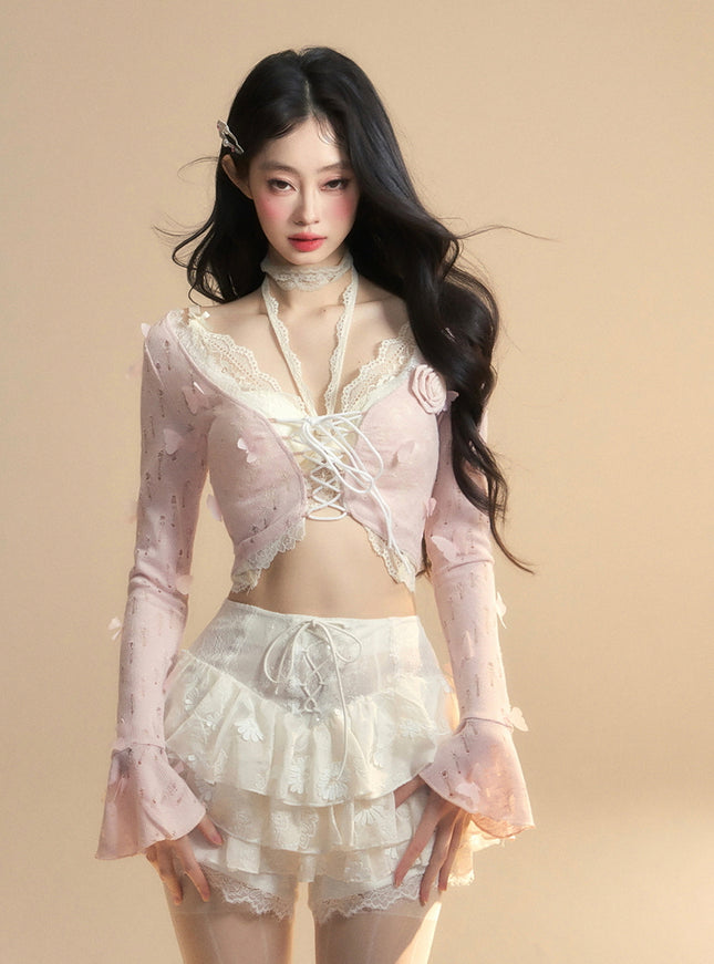 Romantic Lace-Up Sheer Top - Pink