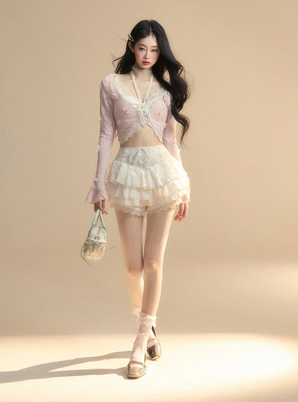 Romantic Lace-Up Sheer Top - Pink