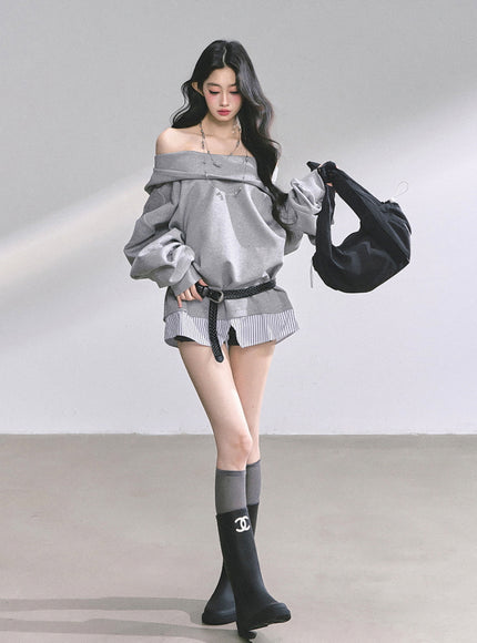 Off-Shoulder Gray Belt Sweatshirt