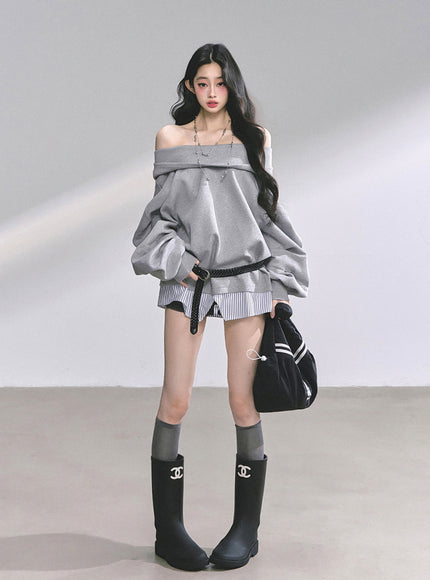 Off-Shoulder Gray Belt Sweatshirt