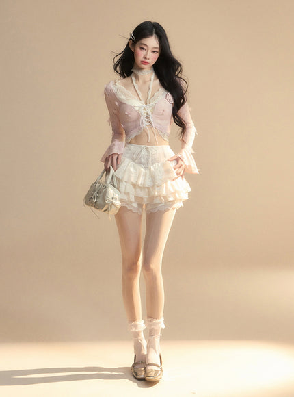 Romantic Lace-Up Sheer Top - Pink