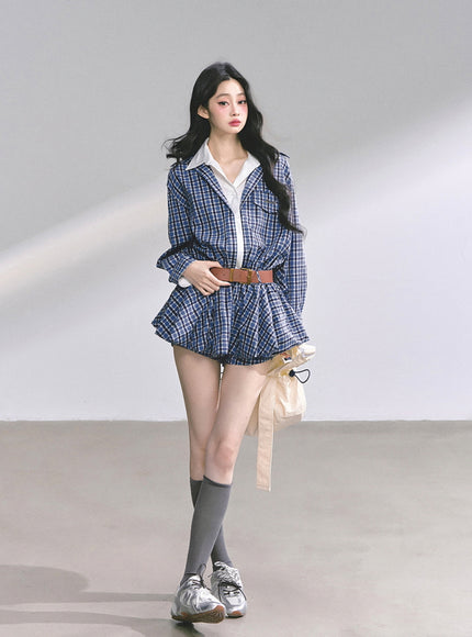 Urban Contrast Mini Dress Shawl Set - Blue