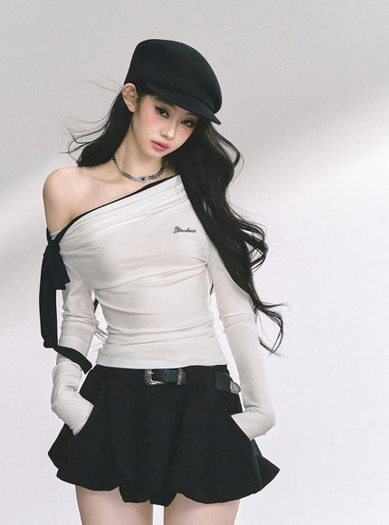 Contrast Strap Drape Top - White