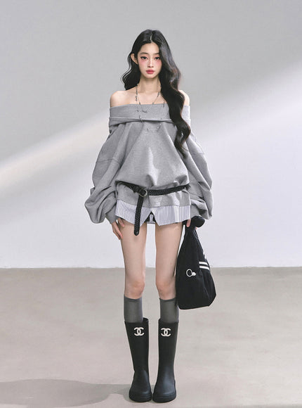 Off-Shoulder Gray Belt Sweatshirt