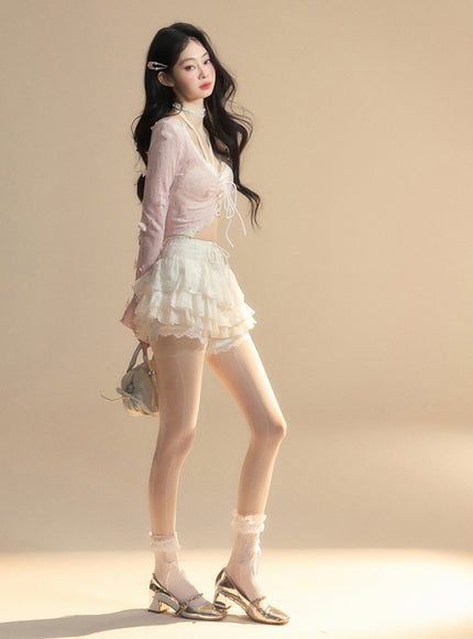 Romantic Lace-Up Sheer Top - Pink