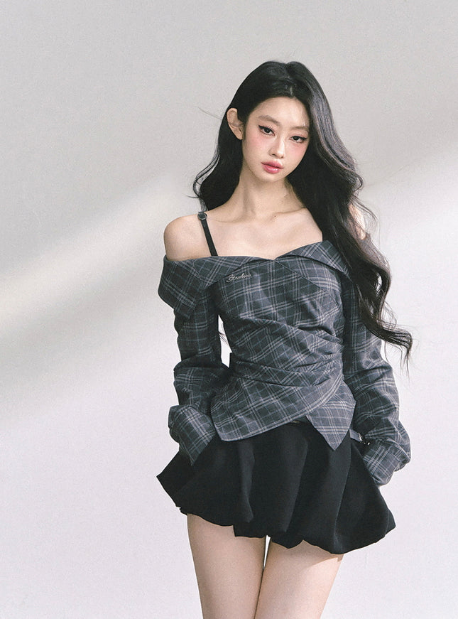 Asymmetric Elegance Check Blouse
