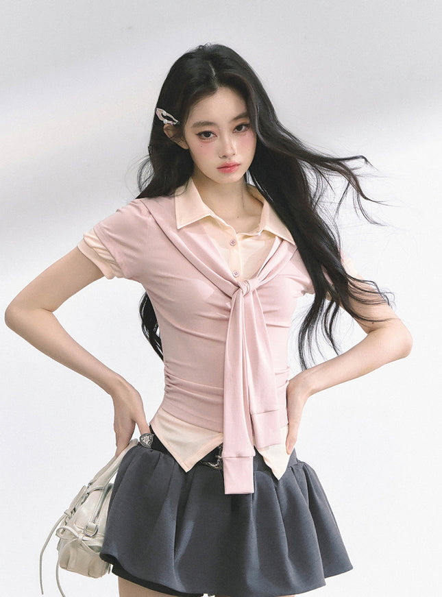 Layered Knit Tie Shirt - Pink