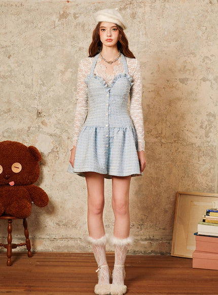 Blue Tweed Button Mini Dress