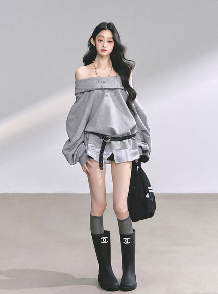 Off-Shoulder Gray Belt Sweatshirt