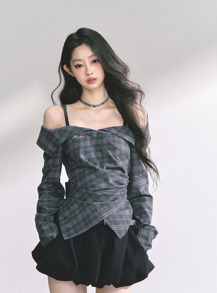 Asymmetric Elegance Check Blouse