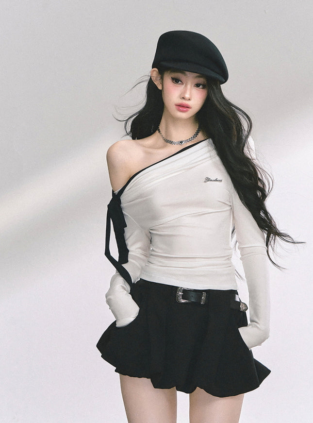 Contrast Strap Drape Top - White