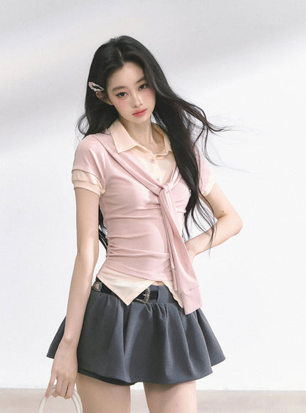 Layered Knit Tie Shirt - Pink