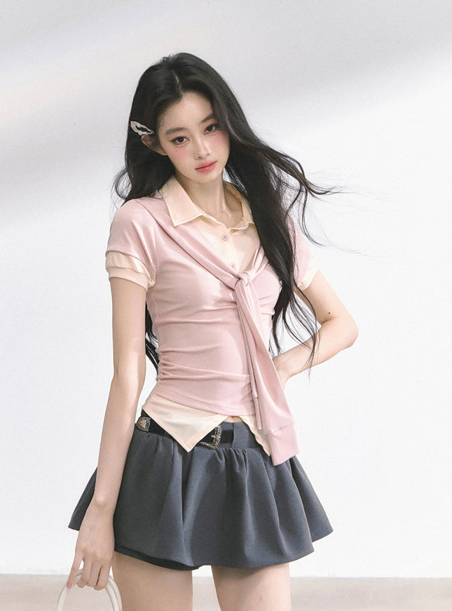 Layered Knit Tie Shirt - Pink