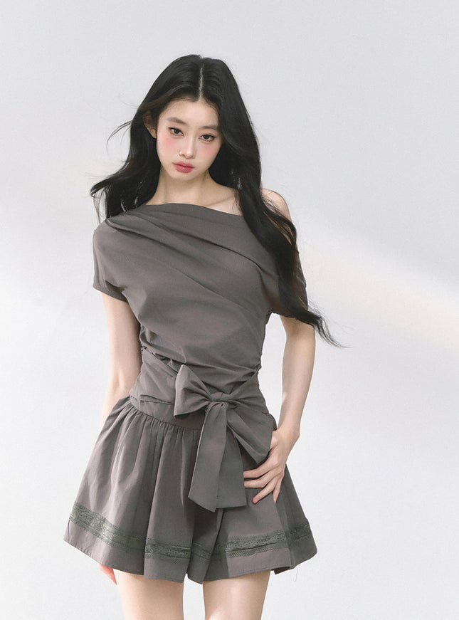 Graceful Ribbon Waist Dress - Gray