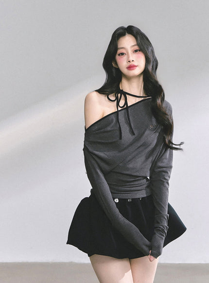 Blush Ribbon Off-Shoulder - Gray