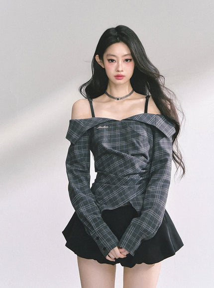Asymmetric Elegance Check Blouse