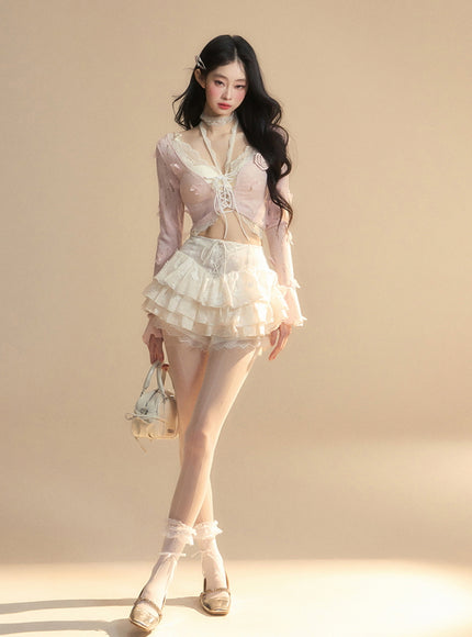 Romantic Lace-Up Sheer Top - Pink