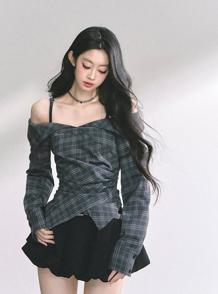 Asymmetric Elegance Check Blouse