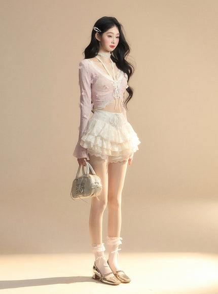Romantic Lace-Up Sheer Top - Pink