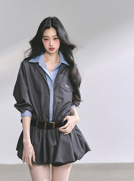 Urban Contrast Mini Dress Shawl Set - Gray