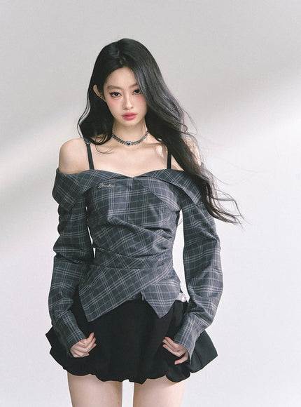 Asymmetric Elegance Check Blouse