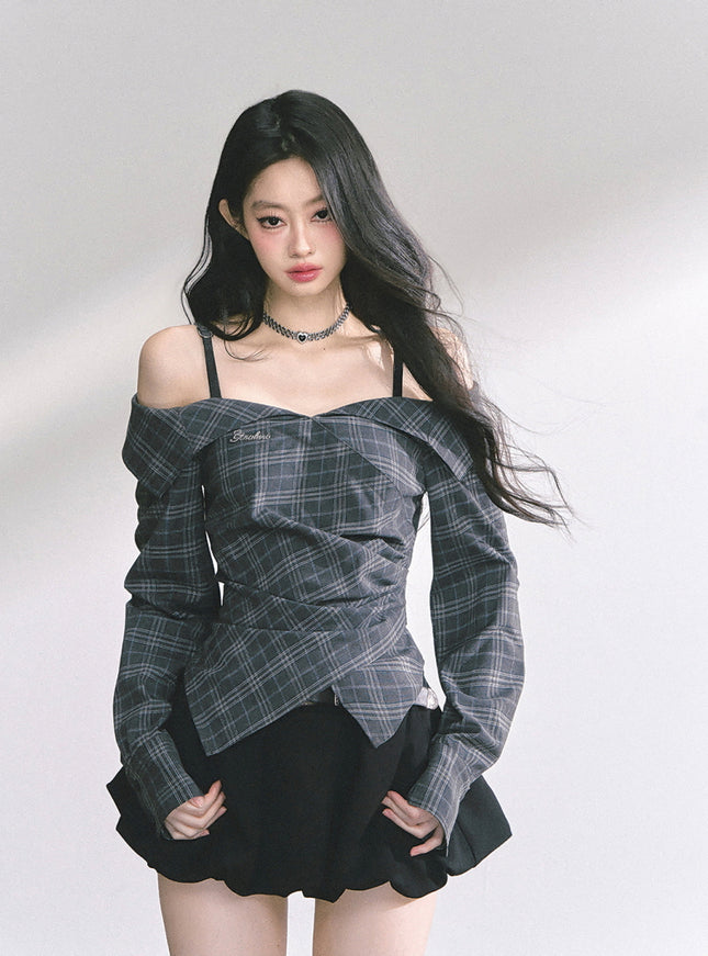Asymmetric Elegance Check Blouse