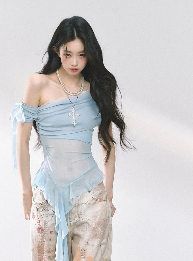 Blue Sheer Layered Off-Shoulde Top