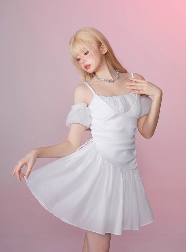 White Off-Shoulder Ruched Dress