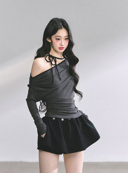 Blush Ribbon Off-Shoulder - Gray