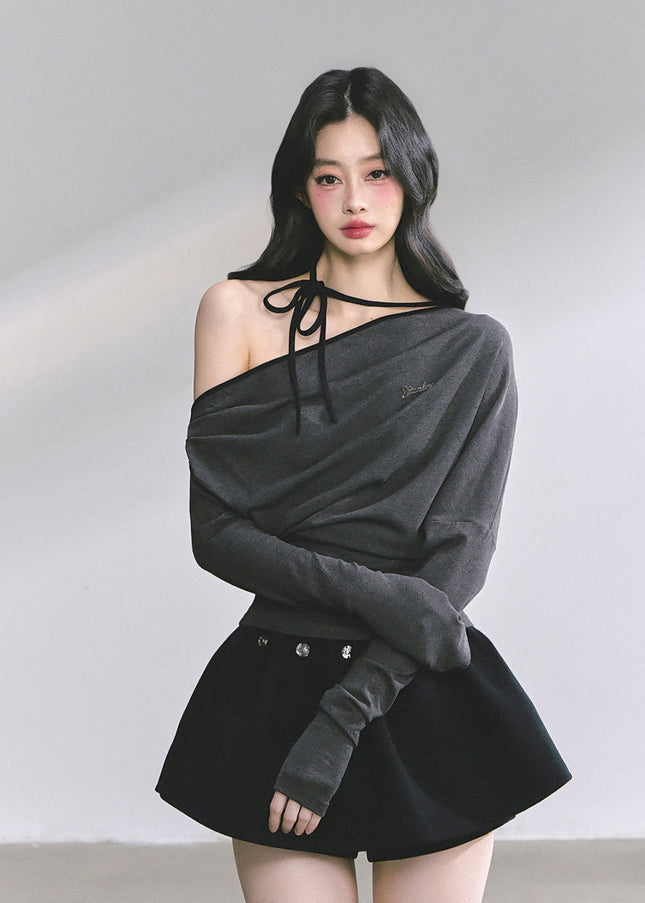 Blush Ribbon Off-Shoulder - Gray