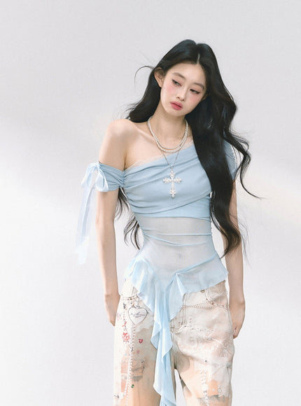 Blue Sheer Layered Off-Shoulde Top