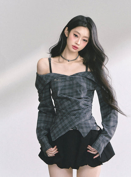 Asymmetric Elegance Check Blouse