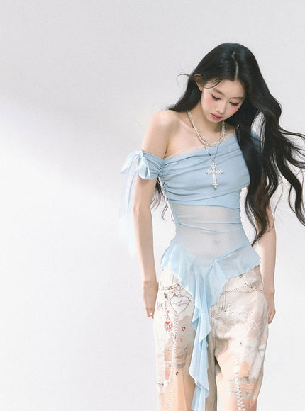 Blue Sheer Layered Off-Shoulde Top
