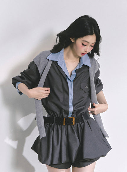 Urban Contrast Mini Dress Shawl Set - Gray