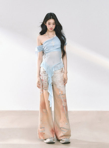 Blue Sheer Layered Off-Shoulde Top