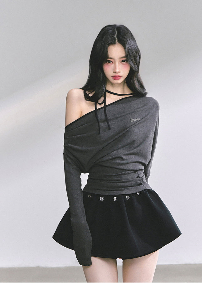 Blush Ribbon Off-Shoulder - Gray