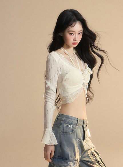 Romantic Lace-Up Sheer Top - Apricot