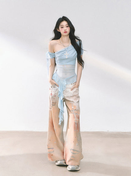Blue Sheer Layered Off-Shoulde Top
