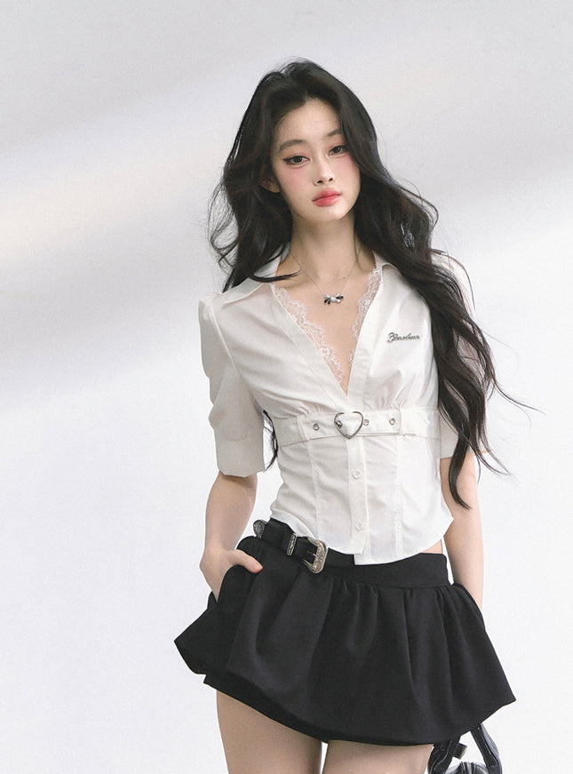 Heart Buckle Stripe Blouse - White