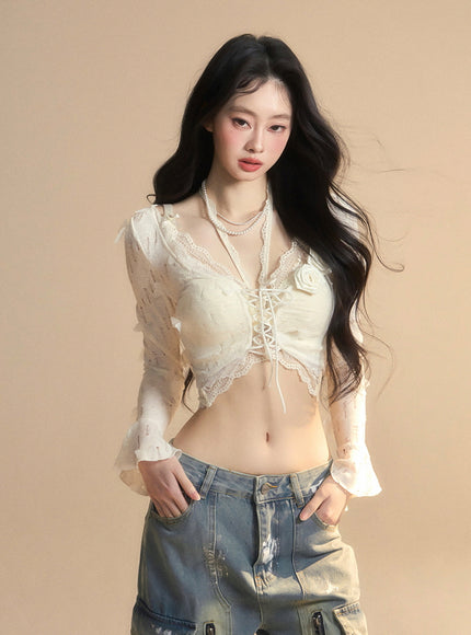 Romantic Lace-Up Sheer Top - Apricot