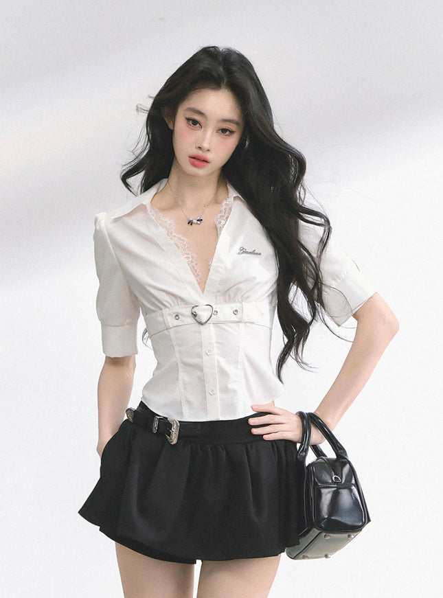 Heart Buckle Stripe Blouse - White