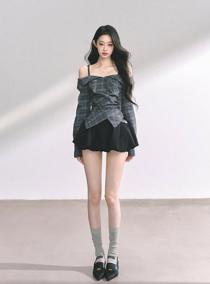 Asymmetric Elegance Check Blouse